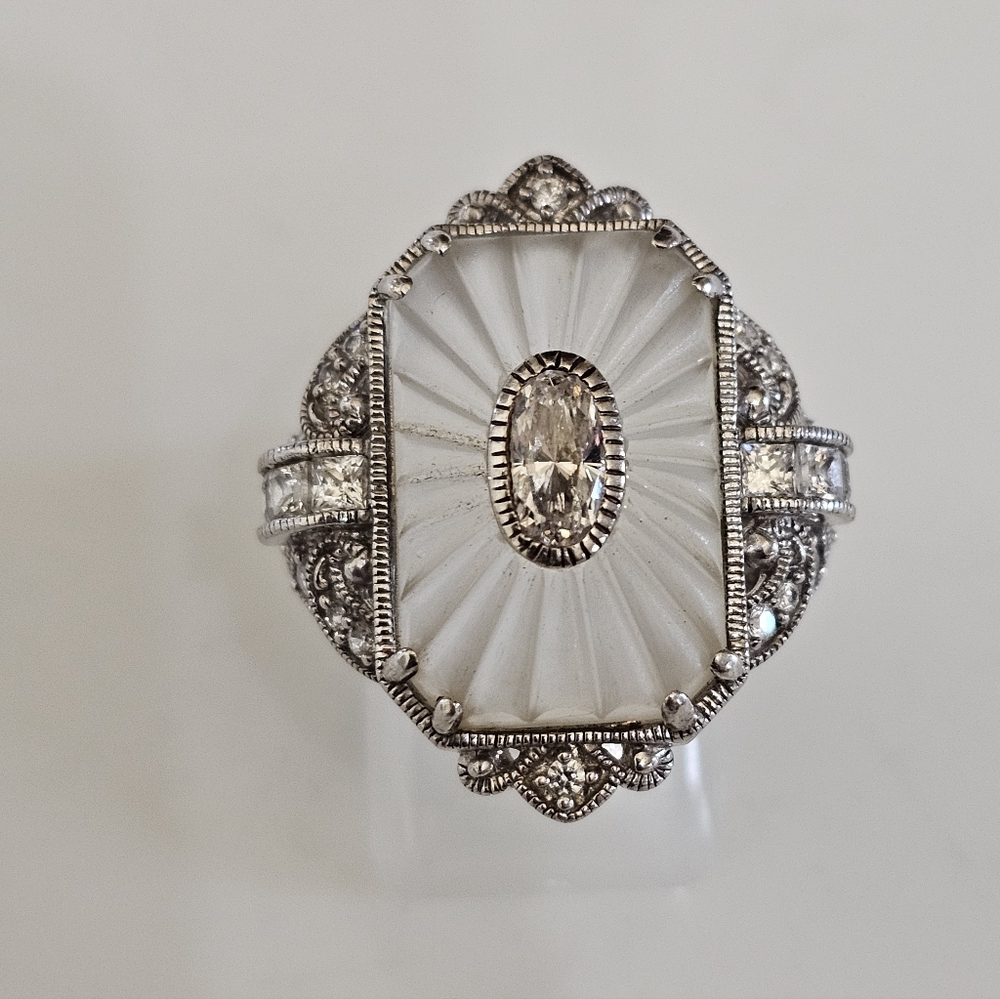 Very Rare Vintage Camphor Glass & Diamond Simulant Ring Sterling Silver Sz 6